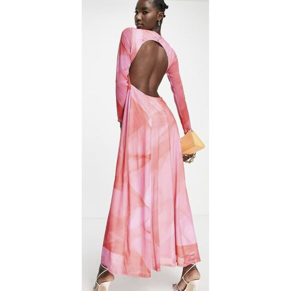 Topshop Pink Watercolor Maxi Dress Abstract Open Back Sz 4-6 Small NWT - Picture 3 of 9